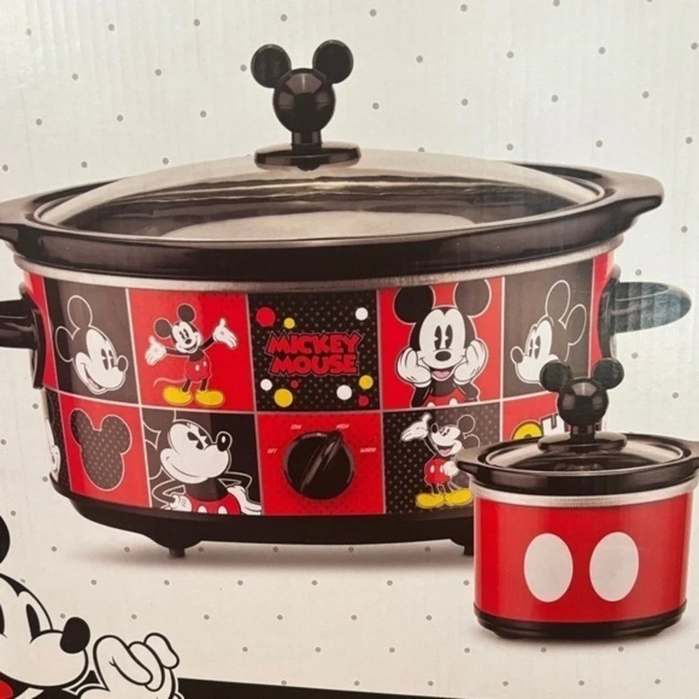 Disney Mickey Mouse Slow Cooker Set:5-Quart Oval & 20-Ounce Dipper Black Red NIB